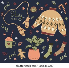 Christmas cozy staff. Set of winter icons. Illustration with cute things and objects for home interior, cacao, socks, monstera, gingerbread man, ugly sweater, mittens. Happy New Year.