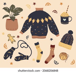 Christmas cozy staff. Set of winter icons. Illustration with cute things and objects for home interior, cacao, socks, monstera, gingerbread man, ugly sweater, mittens. Happy New Year.