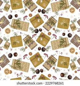Christmas cozy winter New Year seamless pattern with gifts,Christmas tree,plants,berries vector illustration.Gift boxes in craft eco package seamless background design for textile,print,wrapping 