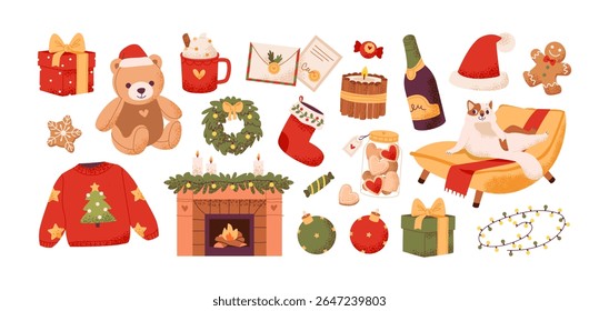 Natal com decoração acolhedora Xmas, presentes, biscoitos de gengibre e lareira. Ilustração festiva de vetor plano. Um conjunto de férias caloroso com delícias sazonais e charme nostálgico.