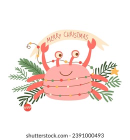 Christmas crab decorated green fir branch and light. Vector tropical Christmas party celebration isolated element. Funny sea animal cartoon character for Happy New Year invitation, card, poster.