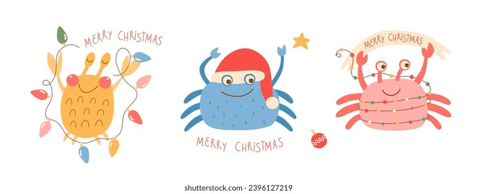 Christmas crab funny characters set, hand drawn text Merry Christmas. Vector tropical party celebration isolated element. Funny sea animal cartoon character for Happy New Year invitation, card, poster