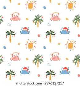 Christmas crab seamless pattern. Tropical new year party print. Vector funny print with lobsters, palm tree. Cartoon sea character illustration for wallpaper, repeat background, print, textile design.