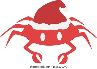 Christmas crab.  A simple red cartoon crustacean wearing a little Santa hat.  Isolated vector art on a transparent (white) background.