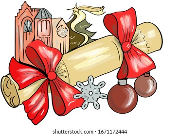 Weihnachtscreme. Festlicher Weihnachtshintergrund mit gelbem, handgefertigtem Stoff, Bonbon-Cracker 