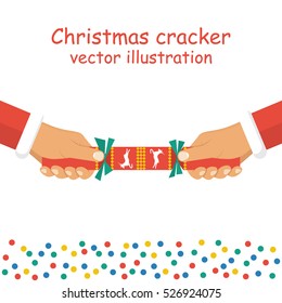 Christmas Cracker Holding In Hand Isolated In White. Ready To Pull And Blow. The Festive Fun. Merry Christmas And A Happy New Year. Surprise On Celebration. Vector Illustration Flat Design.