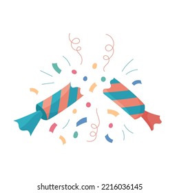 Christmas cracker isolated. Flat vector illustration of broken holiday cracker and confetti. Cute colorful Xmas, New Year and birthday design element.