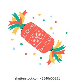 Christmas cracker isolated. Vector illustration of broken holiday cracker and confetti. Cute colorful Xmas or New Year flat and doodle design element