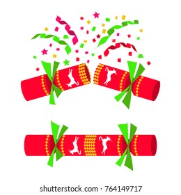 Christmas cracker isolated in white background. Set is closed, open with serpentine sparkles. Ready to pull and blow. Festive fun. Merry Christmas and Happy New Year. Vector illustration flat design.
