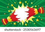 Christmas cracker pulled open in red and gold with cartoon flash bang starburst over xmas green background with rays explosion illustration