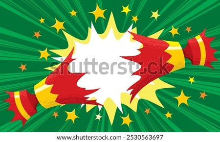 Christmas cracker pulled open in red and gold with cartoon flash bang starburst over xmas green background with rays explosion illustration