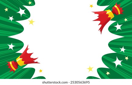 Navidades cracker en rojo y oro tirado abierto con el estallido estelar del estallido del estallido del flash de la historieta sobre el fondo verde de Navidad con el panel de la explosión de los rayos con el área blanca Grande del texto