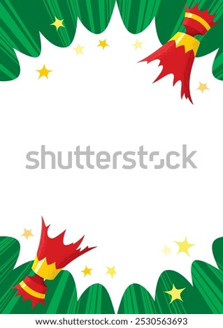 Christmas cracker in red and gold pulled open with cartoon flash bang starburst over xmas green background with rays explosion full page with large white text area
