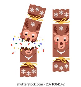 Christmas cracker with reindeer face vector cartoon illustration isolated on a white background.