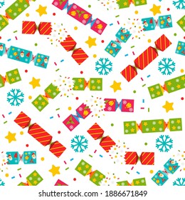 Christmas cracker vector cartoon seamless pattern on a white background.