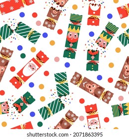 Christmas cracker vector cartoon seamless pattern background for wallpaper, wrapping, packing, and backdrop.