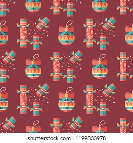 Christmas crackers and decor flat art seamless pattern.
