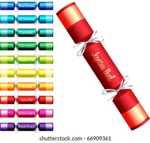 Christmas crackers with 'Merry Christmas' in ten different languages in a variety of colours on a white background.