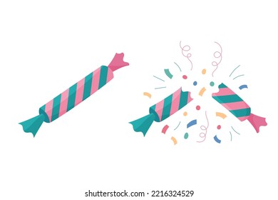 Christmas crackers set. Isolated flat vector illustration of whole and broken holiday candy crackers and confetti. Cute colorful Xmas, New Year and birthday design element.