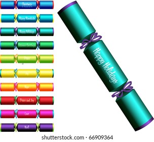 Christmas crackers with words in a variety of colours on a white background.