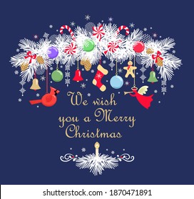 Christmas craft greeting card with white conifer paper cutting branches wreath and hanging angel, balls, jingle bell, candy, sock, gingerbread on navy blue background