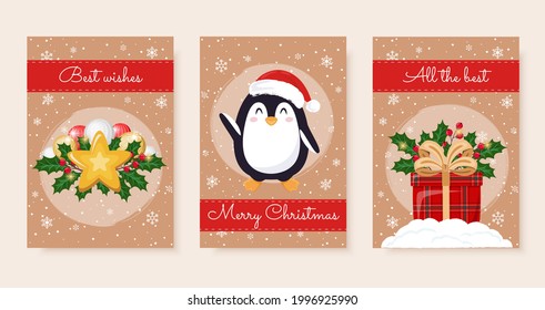 Christmas craft greeting cards set with cute penguin, star, gift box. Tags for gift boxes. Merry Christmas, best wishes, all the best.