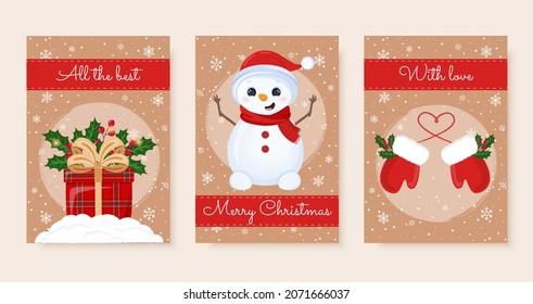 Christmas craft greeting cards set with cute character snowman, gift, mittens. Tags for gift boxes. Merry Christmas, all the best, with love.
