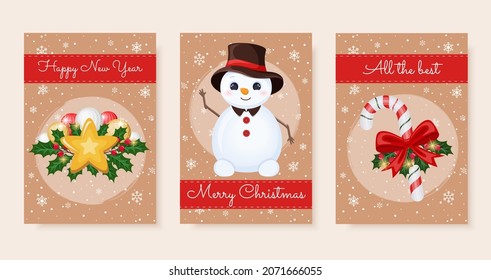 Christmas craft greeting cards set with cute character snowman, star, licorice stick. Tags for gift boxes. Merry Christmas, Happy New Year, all the best.
