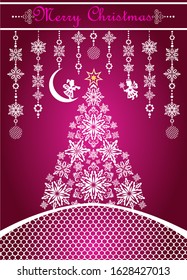 Christmas craft purple greeting card with Xmas tree with handmade paper snowflakes and hanging paper cutting decoration with little angels 