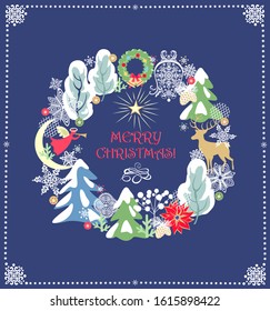Christmas craft retro greeting card with frame with snowy trees and conifer, jingle bell, angel, reindeer, crescent, star, Xmas wreath, poinsettia and paper cutting snowflakes