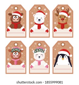 Christmas Craft Tags For Gift Boxes With Cute Characters. Cute Bull, Cow, Bear, Deer, Penguin