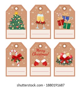 Christmas craft tags for gift boxes. Christmas tree, champagne glasses, red bow, mittens.