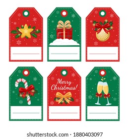 Christmas craft tags for gift boxes. Christmas ball, champagne glasses, red bow, star, candy.