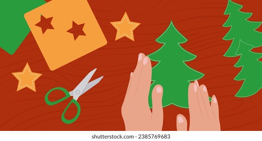 Christmas crafts. DIY Christmas decoration, make a paper or fabric Christmas tree. Vector illustration.