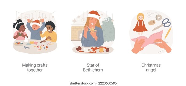 Christmas crafts isolated cartoon vector illustration set. Happy kids making xmas crafts together, woman create Bethlehem star for xmas tree, diy Christmas angel, creative activity vector cartoon.