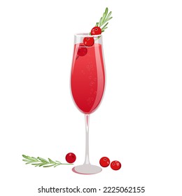 Christmas cranberry mimosa.New Year's cocktail with cranberries and rosemary in a champagne glass.Winter cocktail, punch.