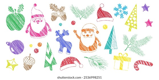 Navidades de crayón doodle icono, línea de tiza de invierno de Navidad. Pincel de decoración de Festiva dibujado a mano. Papá Noel, regalo, cono de caramelo, reno, bola, copo de nieve, sombrero, abeto y pino. Ilustración vectorial de temporada