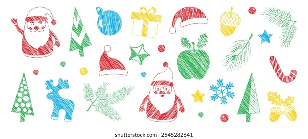 Navidades de crayón doodle icono, línea de tiza de invierno de Navidad. Pincel de decoración de Festiva dibujado a mano. Sombrero de Santa Claus, copo de nieve, regalo, cono de caramelo, reno, bola, abeto y pino. Ilustración vectorial de temporada