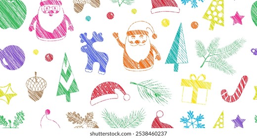 Navidades de crayón doodle sin patrón, fondo de tiza de invierno de Navidad. Pincel de decoración dibujado a mano. Papá Noel, regalo, cono de caramelo, reno, bola, copo de nieve, sombrero, abeto y cono de pino. Ilustración vectorial