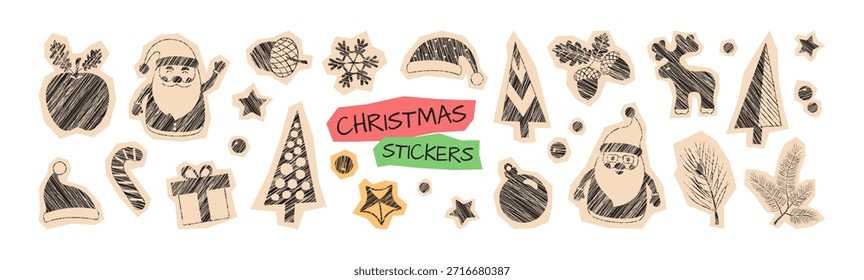 Christmas crayon set, winter chalk scrapbook sticker. Santa hat, Xmas fir tree scribble. Doodle giftbox, ball, apple, holly acorn. Reindeer, snowflake sticker isolated on white bg. Vector illustration
