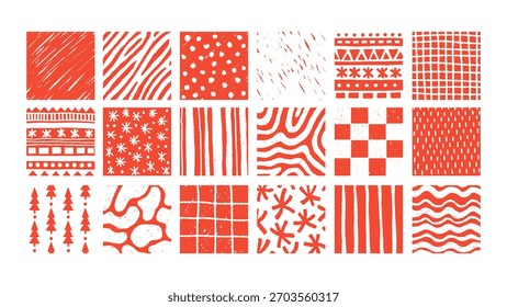 Conjunto de fondos cuadrados de crayón de Navidades. Acogedora colección de Plantilla de Navidad dibujada a mano con textura de tiza Grunge colores rojo y blanco. Ilustración vectorial Abstractas