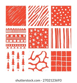 Weihnachten Crayon Quadrat Formen Set. Kuriose handgezeichnete abstrakte und geometrische Muster mit Chalk Grunge Textur. Vektorgrafik. Hintergründe-Kollektion.