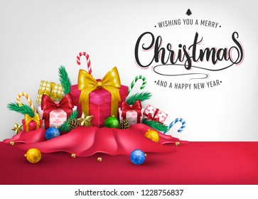 Christmas Creative 3D Realistic Banner Design with Wishing You A Merry Christmas and A Happy New Year Message and Other Elements in Red Cloth for Holiday Season. Vector Illustration
