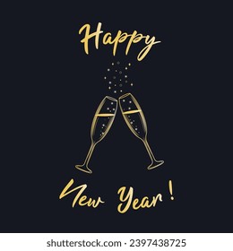 Christmas creative card design. Holiday Happy New Year poster with sparkle wine glasses. Winter season flyer illustration. Stock vector brochure.