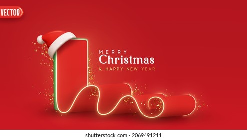 Christmas Creative concept. Realistic 3d design template mobile phone, red sheet with phone screen, letter to Santa Claus. Wishlist and purchases for new year. Xmas banner, advertising web poster.
