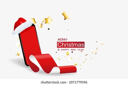 Christmas Creative concept. Realistic 3d design template mobile phone, red sheet with phone screen, letter to Santa Claus. Wishlist and purchases for new year. Xmas banner, advertising web poster.