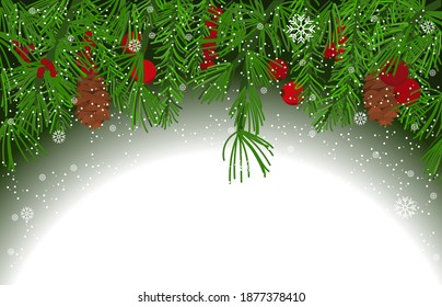 Christmas creative frame made of cones, red berry , fir branches and snow falling on green background with free space for lettering.