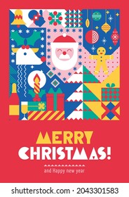 Afiche creativo de Navidad con composición geométrica de símbolos festivos de formas simples. Estilo plano, geometría, mosaico, concepto moderno. Antecedentes festivos de Navidad para portada, invitación, revista