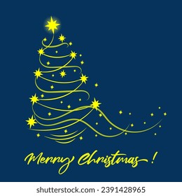 Christmas creative tree wreath card design. Holiday poster with tree toys and yellow quote Merry Christmas. Winter season flyer illustration. Stock vector brochure