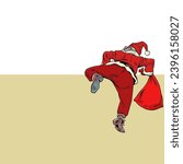 Christmas creeps to our doors. Santa Claus climbs over the wall with a bag of gifts. Delivery despite the situation in the cold season. Pop Art Retro Vector Illustration Kitsch Vintage 50s 60s Style